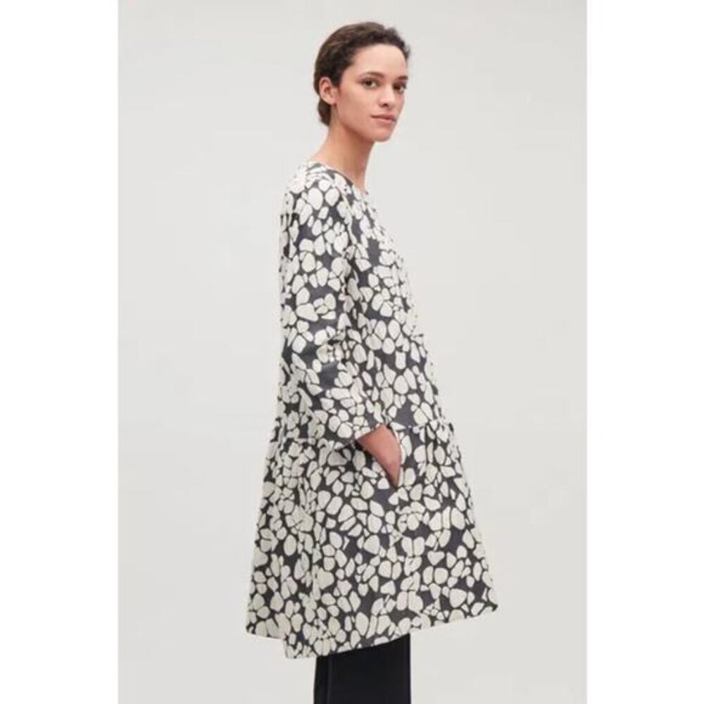 Cos Women's Cream Black Pebble Pattern Gathered Jacquard A-line Dress Size 12